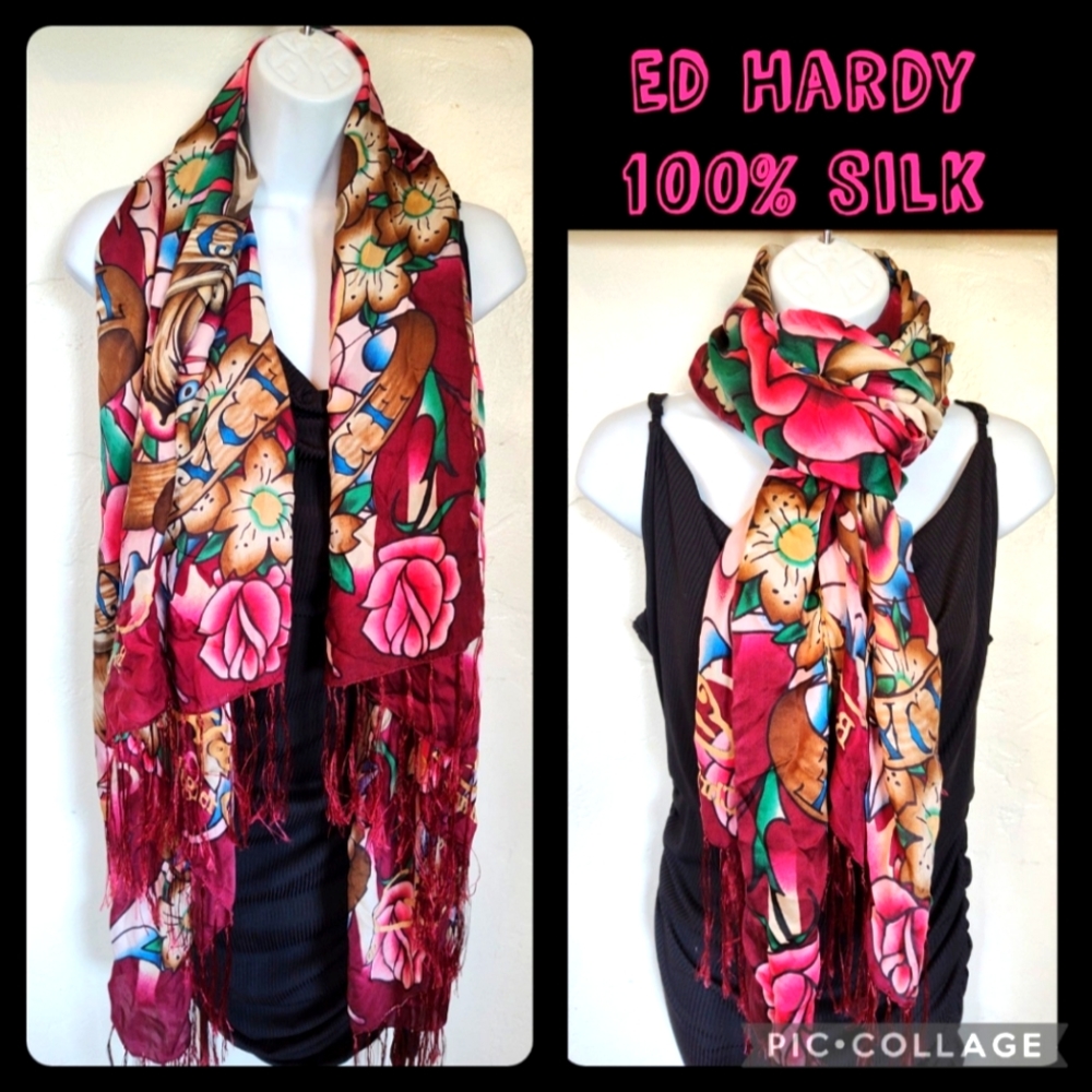 Ed Hardy scarf 100% silk fringe shawl head scarf wrap skull tattoo rose eagle
